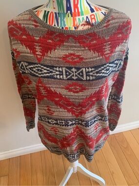 Denim & Supply Ralph Lauren Red, Gray & Blue Geometric Knit Sweater 100% Cotton